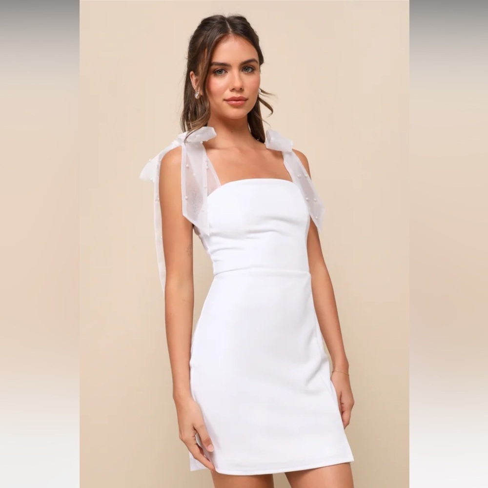 Lulu’s Beaming Perfection White Pearl Organza Tie-Strap Mini Dress -Bachelorette